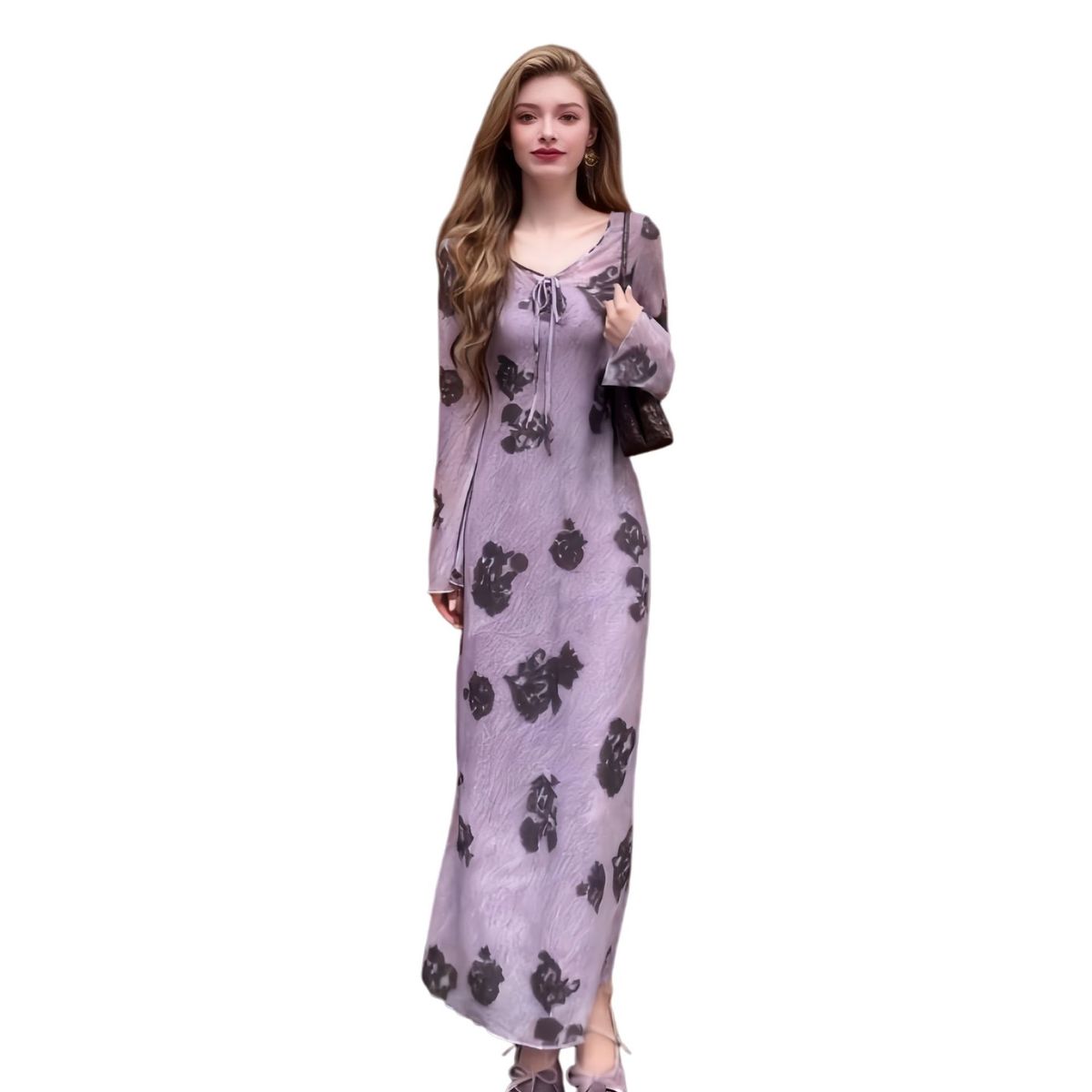 Women's French Chic Purple Knit Long Sleeve Midi Dress – Fall Winter Elegant Gown_ecoleips.com