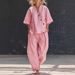 Women's Casual Two-Piece Set – V-Neck Relaxed Tee & High-Waist Wide Leg Pants | Solid Color Loungewear (Pink/Black/Chartreuse/Beige/Khaki/Light Blue)_ecoleips.com