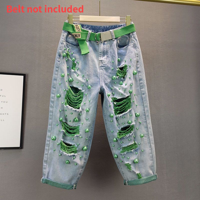 Women's Clothing Loose High Waist Slimming Heavy Industry Pearl Ripped Beggar Jeans Women's Trendy Pants(Belt Not Included)_ecoleips.com