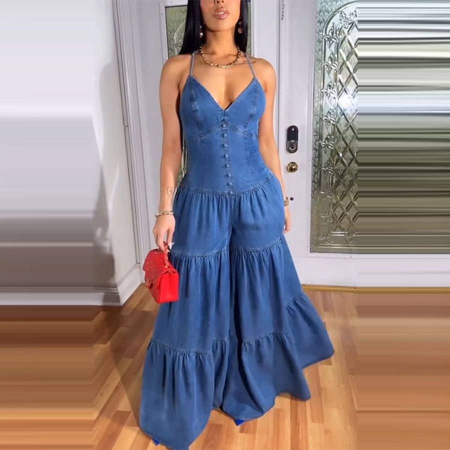 Women's Clothing New Sweet Sexy V Neck Suspender Backless Jumpsuit_ecoleips.com
