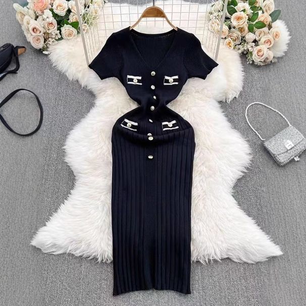 Women's Clothing Summer New Style Temperament French Style Waist Slimming Small Deep V Neck Hip Knitted Dress Medium Length_ecoleips.com