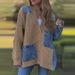 Women's Clothing Fashion Loose Knit Cardigan Sweater Coat With Patchwork Design, Casual Long Sleeve Open Front V-Neck, Comfortable Polyester Blend_ecoleips.com