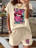 Women’s 2 Piece Outfit Set – Oversized Graphic T-Shirt And Biker Shorts Matching Set, Casual Summer Lounge Tracksuit For Daily Wear-344_ecoleips.com