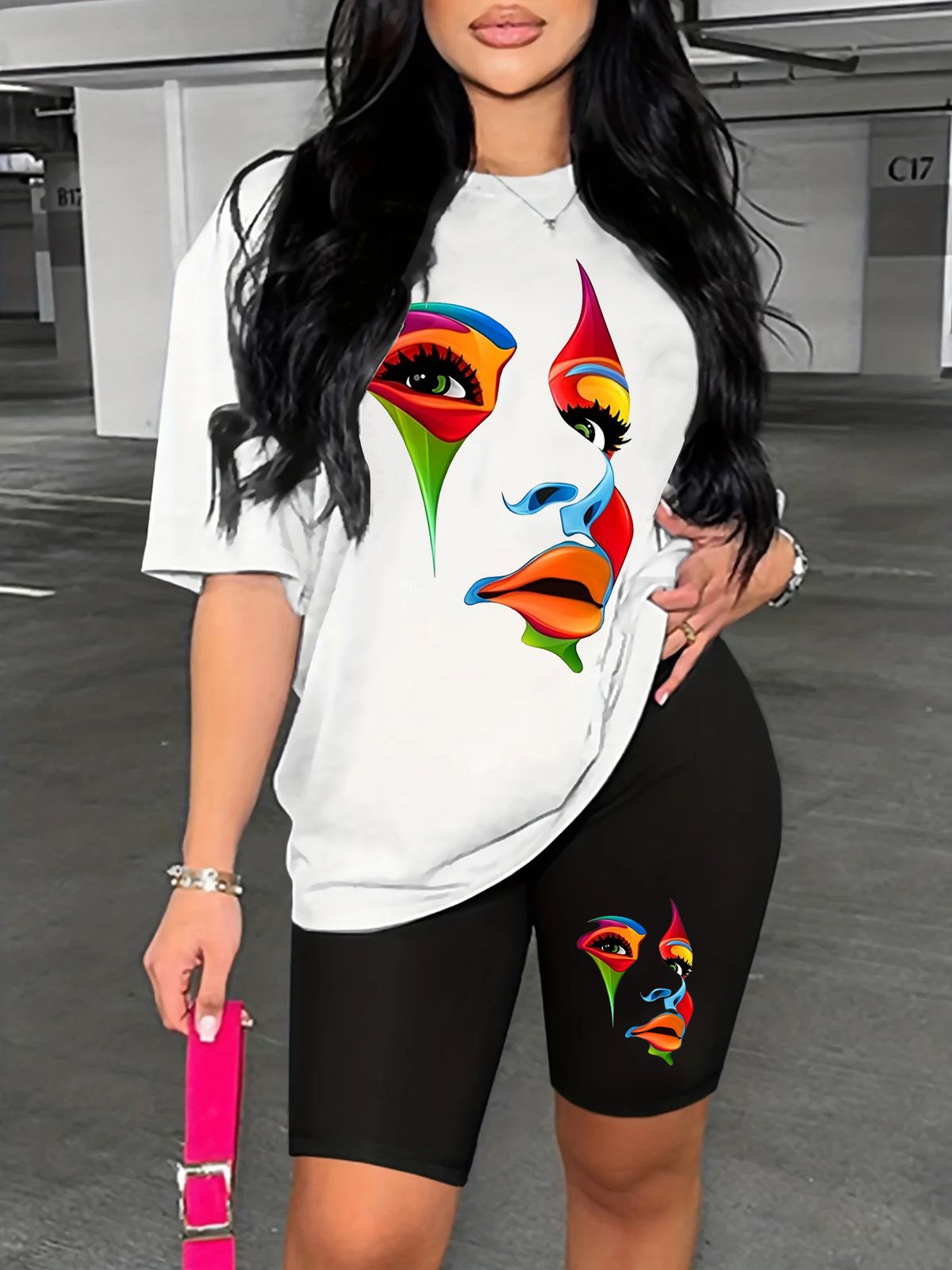 Summer Women's Casual Fashion Creative Portrait Print Loose T-shirt+shorts Two-piece Sportswear Suitable For Daily Wear-83_ecoleips.com