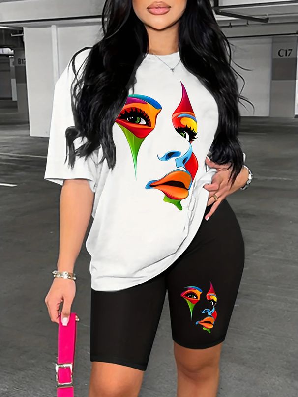 Summer Women's Casual Fashion Creative Portrait Print Loose T-shirt+shorts Two-piece Sportswear Suitable For Daily Wear-83_ecoleips.com