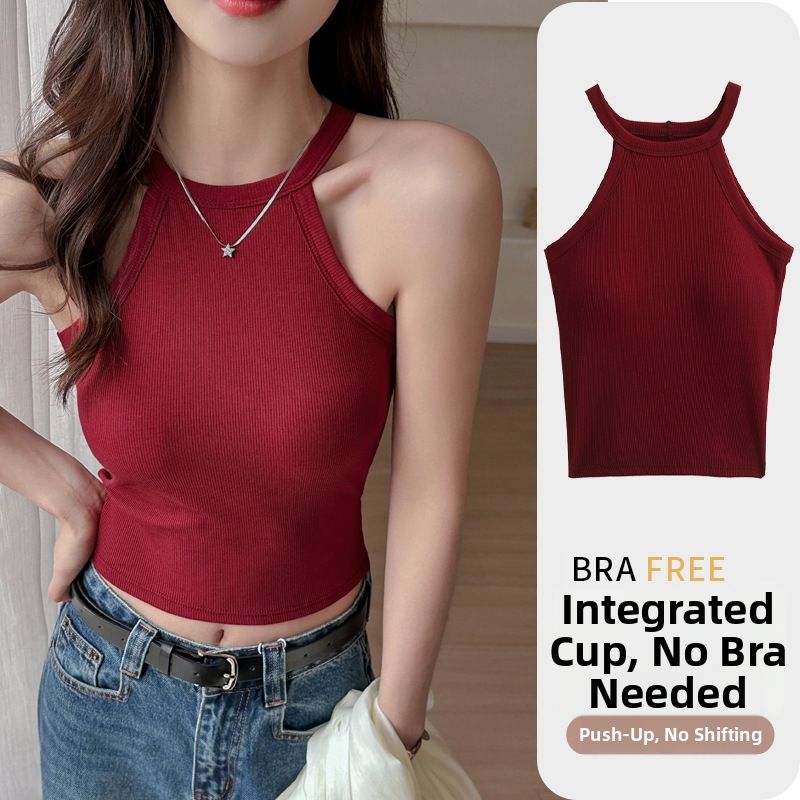 Women's Slimming Modal Ribbed Tank Top with Padded Bra Straps Sleeveless Halter Neck Design for Layering Or Single Wear_ecoleips.com