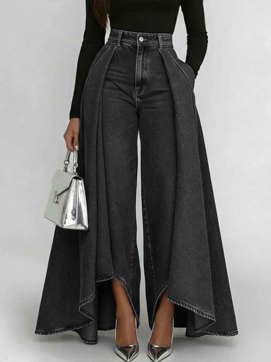 2027 Fashion European-USA Style Cowboy Pants Women Mid Waist Denim-Like Long Swing Pure Color Jeans S-3XL_ecoleips.com