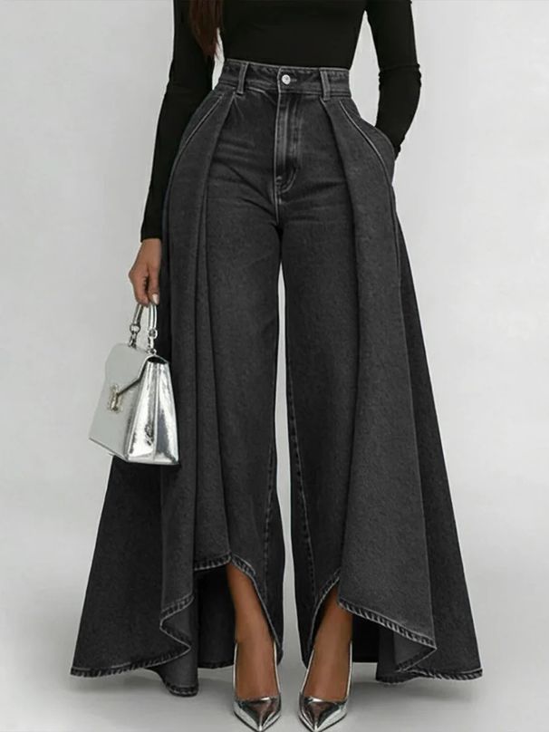 2027 Fashion European-USA Style Cowboy Pants Women Mid Waist Denim-Like Long Swing Pure Color Jeans S-3XL_ecoleips.com