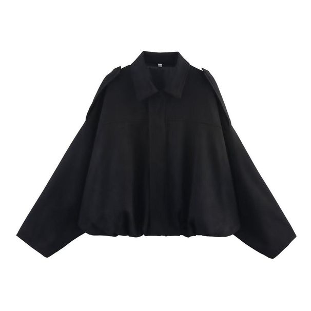 Women's Faux Suede Cropped Jacket Oversized Turn-Down Collar Shoulder Epaulets Batwing Sleeve Elastic Hem Casual Fall Winter Outerwear, Black/Pink_ecoleips.com