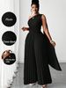 Curvy Women Solid Pleated Asymmetric One Shoulder Jumpsuit, Chic Spring Summer Wedding Party Outfit_ecoleips.com