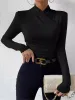 Bornladies Autumn New Women's Design Cross Collar Slim Fit Long Sleeved Office Lady Stylish Top Versatile Fashionable T-shirt_ecoleips.com