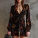 Floral Print V-Neck Velvet Dress Sexy Fitted Waist Long Sleeves Short Skirt New_ecoleips.com