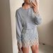 Elegant Round Neck Lace Trim Asymmetrical Long Sleeve T-Shirt For Women – Breathable Polyester Blend, Office & Casual Wear (Blue/White, S-2xl)_ecoleips.com