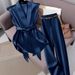 Women's Clothing Elegant Satin Sleeveless Top And Solid Color Slim Fit Trousers Set For Women Belt Not Included_ecoleips.com