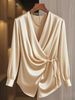 Chic Cross-Wrap Long Sleeve Blouse - Soft V-Neck & Asymmetric Tie Detail For Office & Casual Wear (S-XXL, Champagne)_ecoleips.com