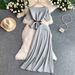 Women's Clothing Elegant French Style Off The Shoulder Top Women's Ruffled Hem Tie Waist Two Piece Set_ecoleips.com