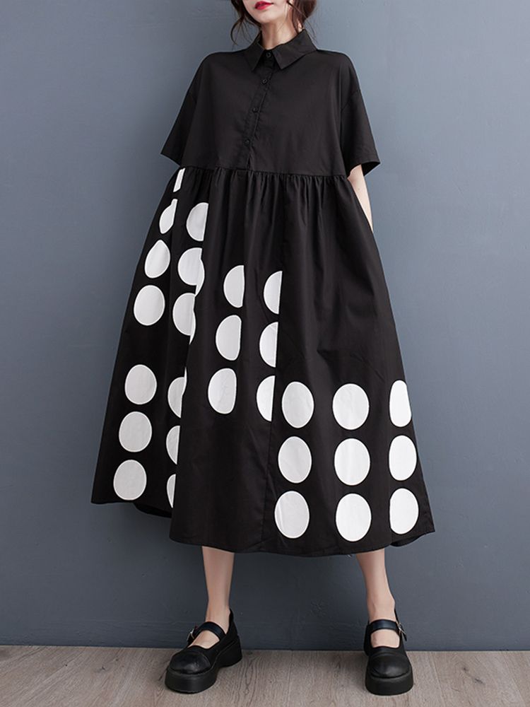 Black Vintage Polka Dot Shirt Dresses For Women Summer New In Short Sleeve Loose Casual Long Dress Fashion Elegant Clothes 2025_ecoleips.com