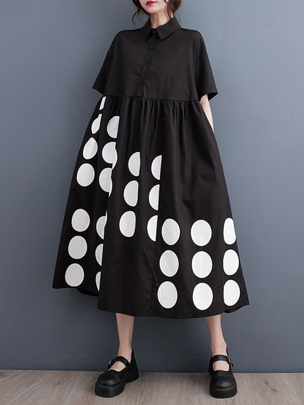 Black Vintage Polka Dot Shirt Dresses For Women Summer New In Short Sleeve Loose Casual Long Dress Fashion Elegant Clothes 2025_ecoleips.com