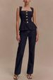 Modern Style Women's Denim Top And Trousers Suit High Waist Button Detailing Clothing_ecoleips.com