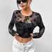 Women's Black Long Sleeve T-Shirt Sexy Mesh Round Neck Top Style_ecoleips.com
