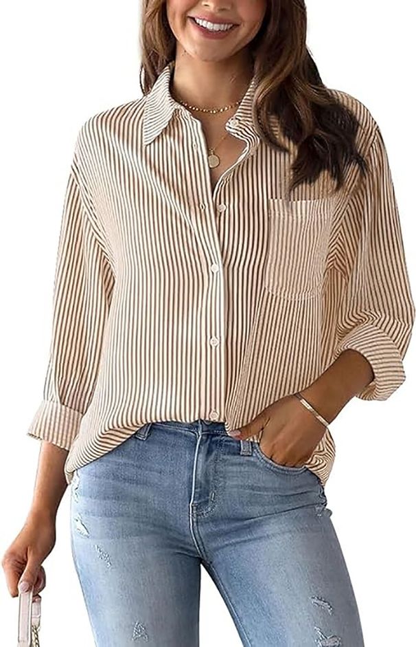 Women's Classic Striped Shirt Long Sleeved Button down Collared Office Work Top with Cuffs_ecoleips.com