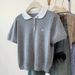 Women's Clothing Gray Babydoll Shirt Straight Shoulder Knitted Short Sleeved T Shirt Female Summer New Small Lapel Slim Short Top_ecoleips.com