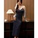 #260g Combed Cotton# Floral Lace Trim V-neck Strap For Women Summer New Slit Slimming Long Dress_ecoleips.com
