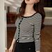 2025 #Selection Of Pure Cotton # Shell Button High Waist Short Striped T-Shirt Women's Long Sleeved 2025 Autumn Outfit New_ecoleips.com