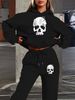 Women's Autumn/Winter Casual Fashion Skull Pattern Printed Thick Fleece Warm Hoodie+Sports Pants Set-709_ecoleips.com