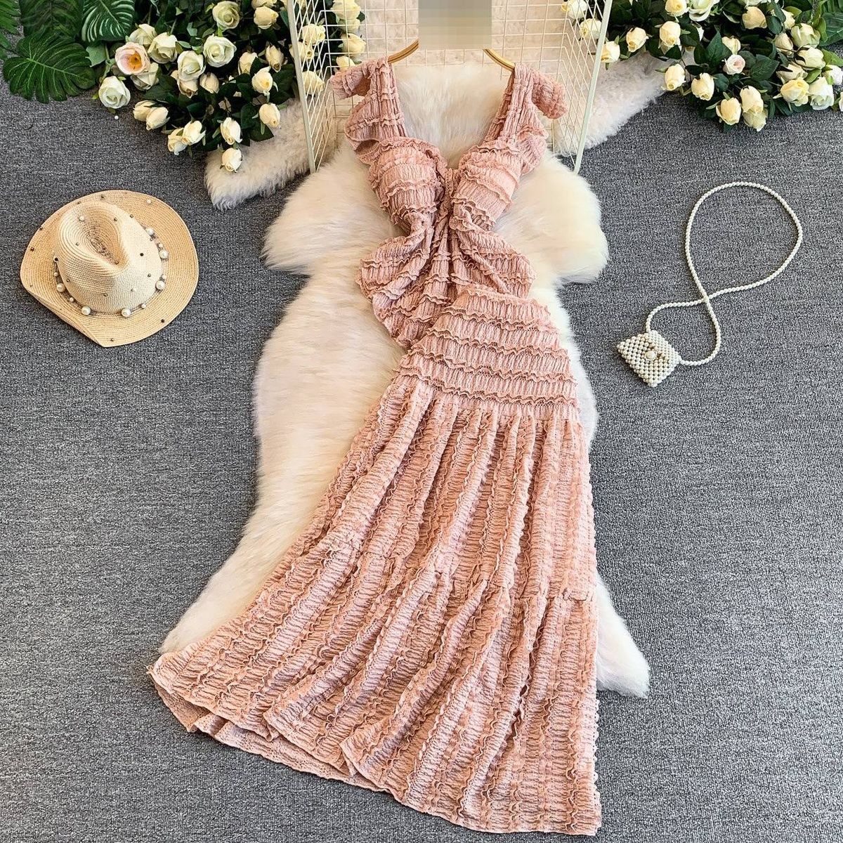 Women's French Sweet & Spicy Style Two Piece Set Ruffled Lace Square Neck Top With Slim Fitting Ruffled Long Skirt_ecoleips.com