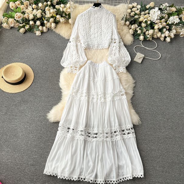 Women's Clothing New Spring Style Palace Style Hollow Lace Splicing Lantern Sleeve Short Top High Waist Skirt_ecoleips.com
