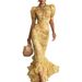 French Retro Chiffon Maxi Dress Elegant Sophisticated Summer Style High Neck Puff Sleeves Slim Waist Fishtail Hem Vacation Dress_ecoleips.com