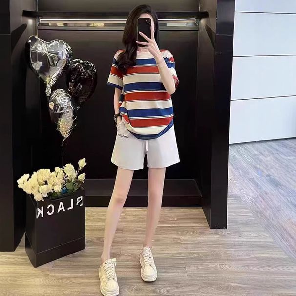 Dongdaemun Women's Fashion Sportswear Set Korean Style Summer plus Size Short Sleeve Top with Shorts Two-Piece Outfit_ecoleips.com