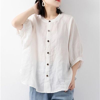 Women's Clothing Retro Literary Top Cotton Linen Shirt Spring Summer New Style Lantern Sleeve Loose Mid Sleeve Plus Size_ecoleips.com