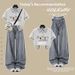 Preppy Cartoon Print & Checkered Patchwork Short-Sleeve Top + Lace Trim Jeans Set – Playful Schoolgirl Aesthetic_ecoleips.com