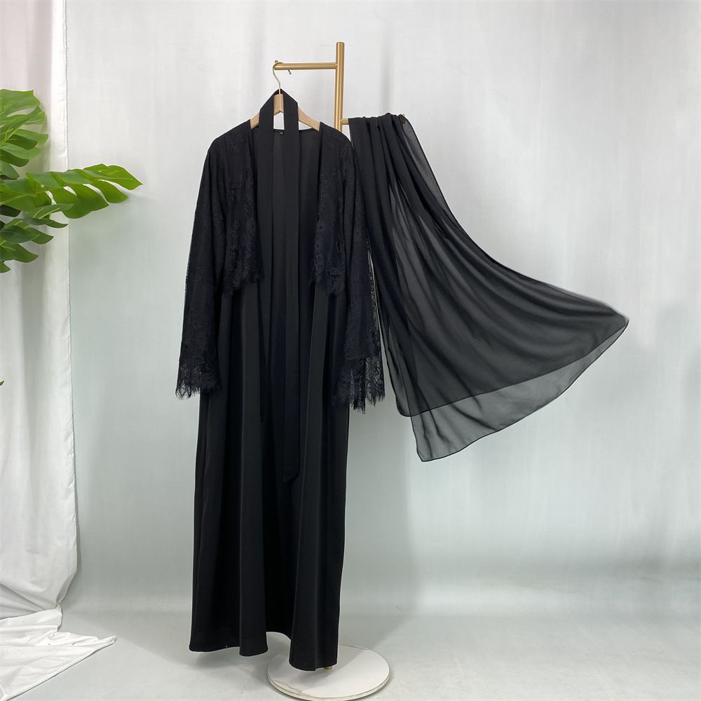 Middle Eastern Fashion Luxury Long Sleeved Cardigan With Lace Trim And Gorgeous Full Skirt (with Headscarf)_ecoleips.com