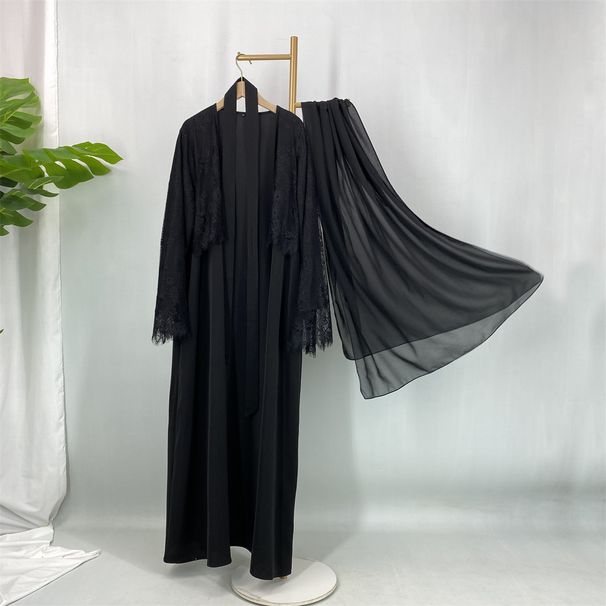 Middle Eastern Fashion Luxury Long Sleeved Cardigan With Lace Trim And Gorgeous Full Skirt (with Headscarf)_ecoleips.com