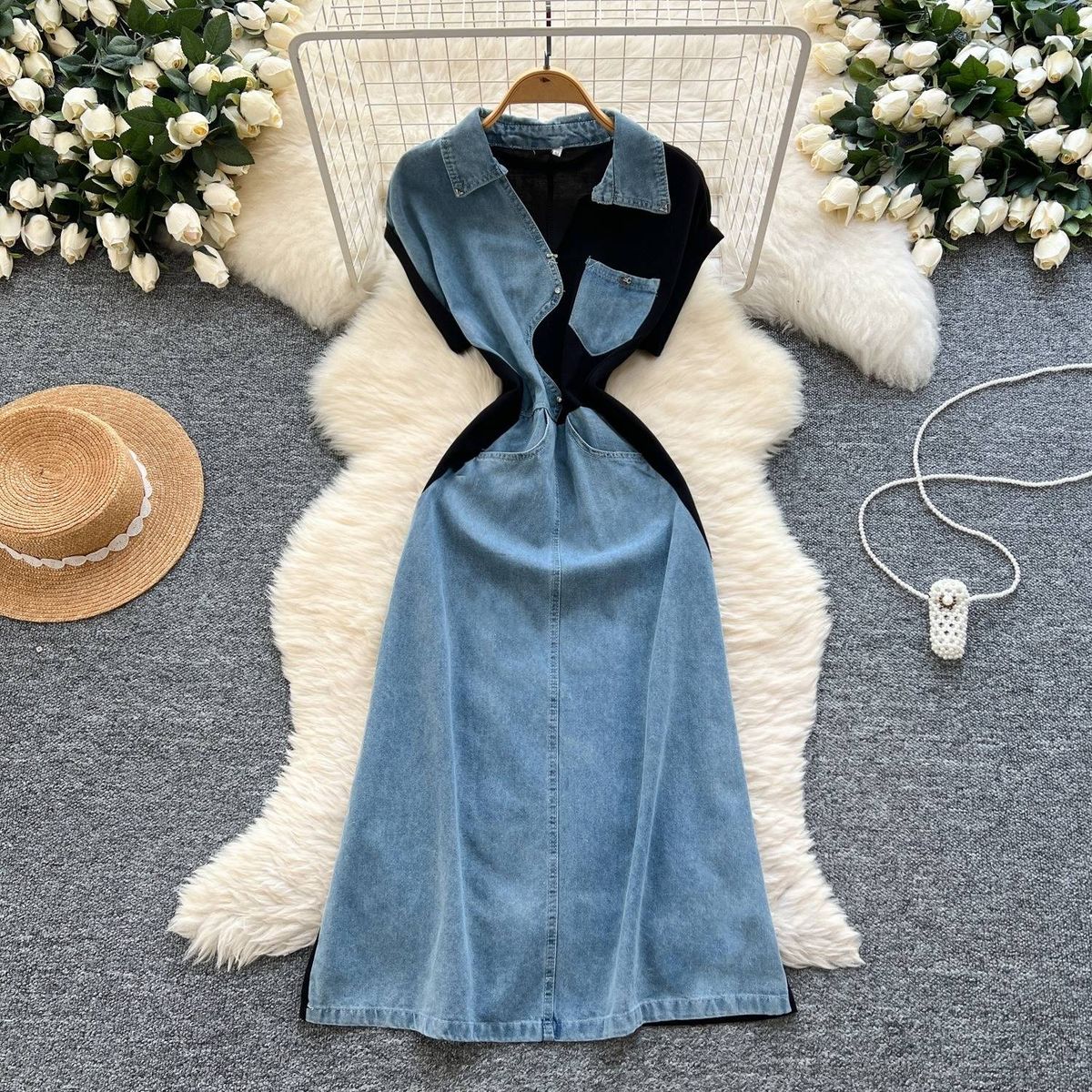 Women's Clothing Retro Lapel Sleeveless Denim Dress Female Summer Irregular Stitching Medium Length Skirt_ecoleips.com
