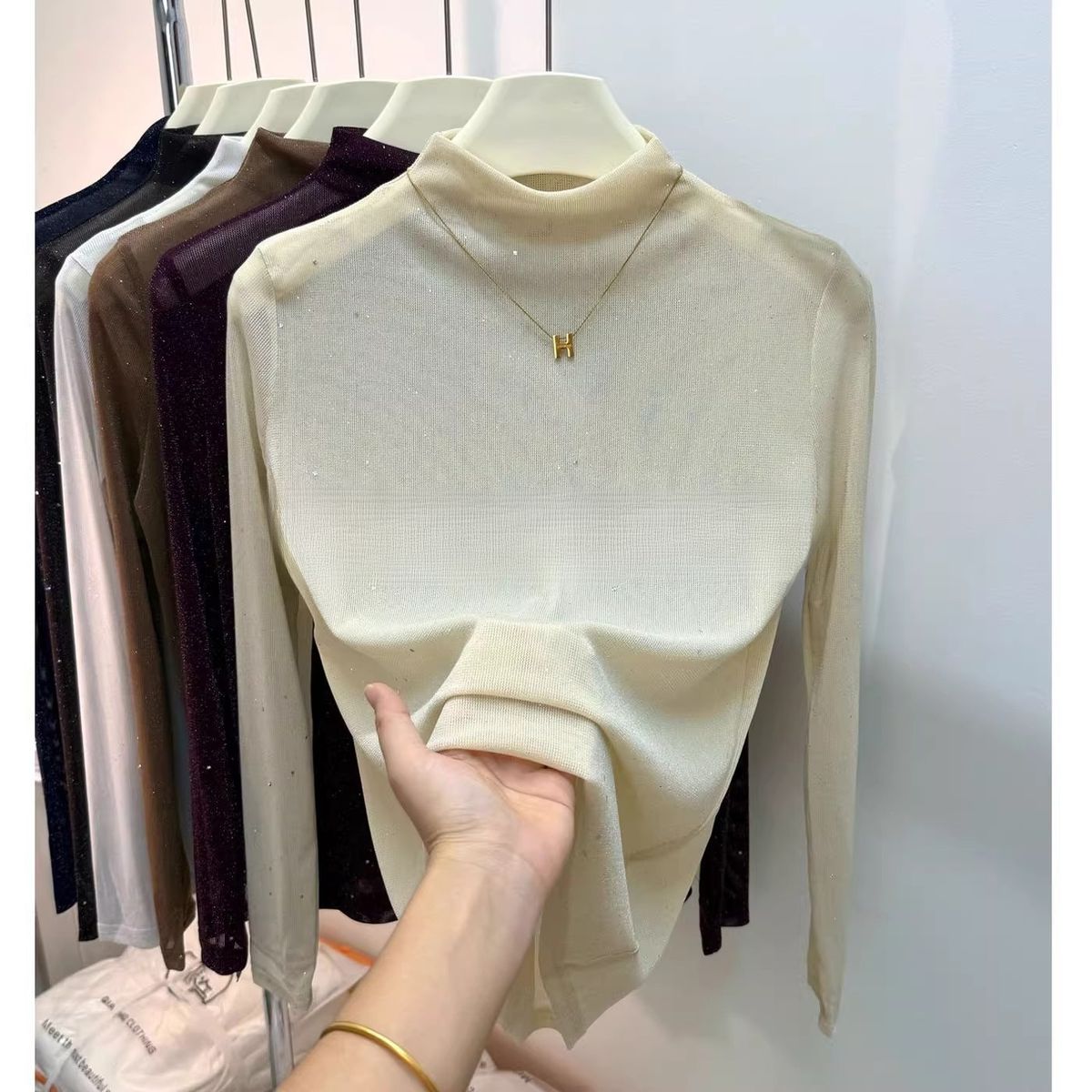 Sheer Mesh Mock Neck Top – Slim-Fit Sequin Blouse For Layering (7 Colors, M-XL)_ecoleips.com