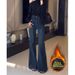 Women's Clothing Retro High-Waisted Flared Jeans Blue Fleece Lined Thick Warm Slimming Denim For Winter Not Clingy England Style Fashion_ecoleips.com
