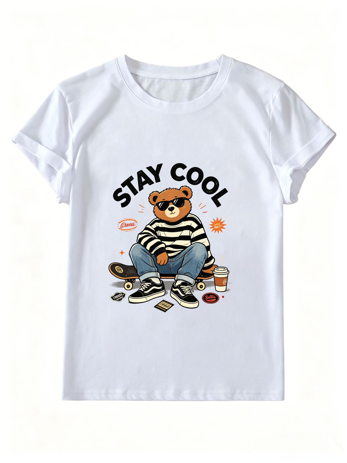 Women Crew Neck Short Sleeve T Shirt Stay Cool Skateboard Sunglasses Bear Coffee Graphic Tee Retro Skater Hip Hop Loose Casual Streetwear Tops_ecoleips.com