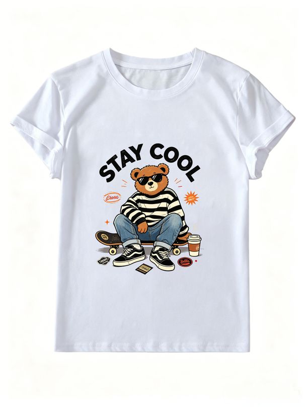 Women Crew Neck Short Sleeve T Shirt Stay Cool Skateboard Sunglasses Bear Coffee Graphic Tee Retro Skater Hip Hop Loose Casual Streetwear Tops_ecoleips.com