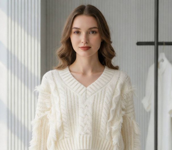 Women's Thick V Neck Cable Knit Sweater Loose Fit Style Tassel Detail Pullover Outerwear For Autumn Winter_ecoleips.com