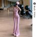 MUZI New Ribbed Pink Halter Neck Sports Vest For Women With Micro Flare Yoga Pants Two-Piece Set_ecoleips.com
