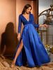 Elegant Navy Blue Satin Evening Gown Sequin-Embellished Split Thigh Formal Dress With V-Neck & Flutter Sleeves For Galas, Cocktail Parties_ecoleips.com
