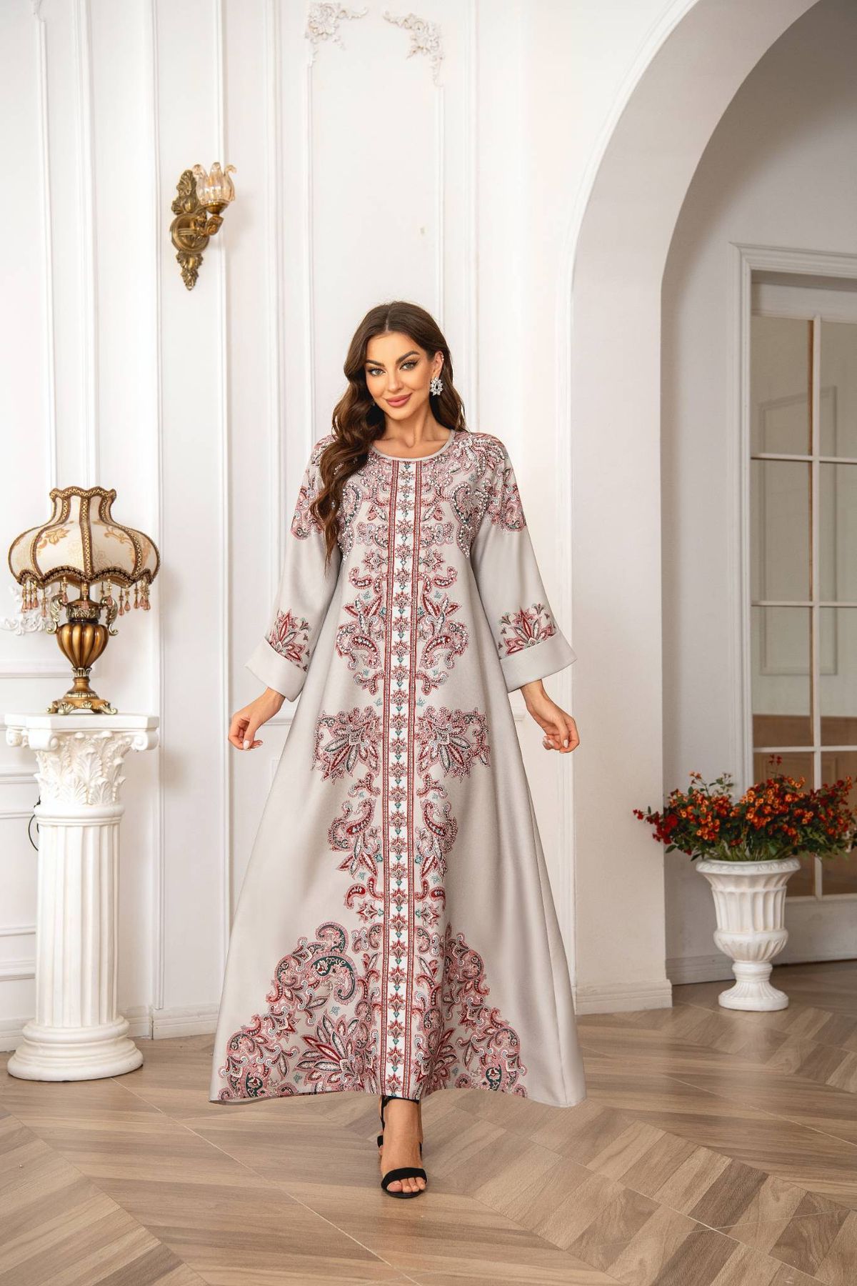 Elegant Muslim Women's Kaftan Dress, Round Neck High Density Rhinestone Beaded Print, Cross-Border Long Robe, Stylish Evening Wear_ecoleips.com
