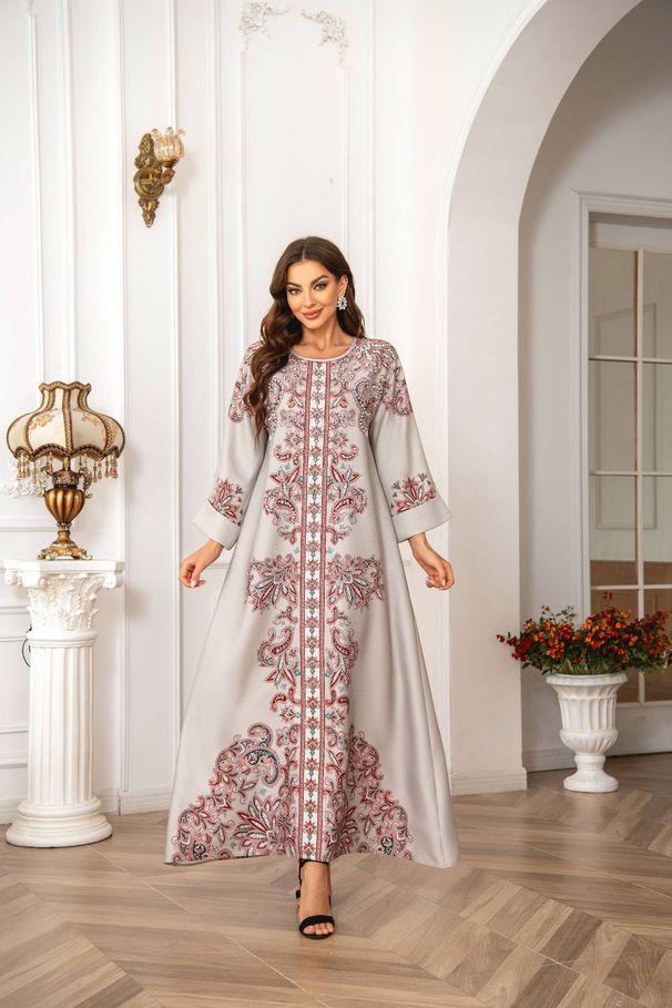 Elegant Muslim Women's Kaftan Dress, Round Neck High Density Rhinestone Beaded Print, Cross-Border Long Robe, Stylish Evening Wear_ecoleips.com