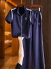 Summer Women's Style Two Piece Set Navy Blue Sports Cardigan And Elastic Waist Casual Pants Short Sleeve_ecoleips.com