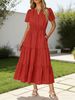 Women's V Neck Puff Sleeve Dress Ruched Short Skilled Full Skirt Spliced Long Style_ecoleips.com