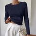 Solid Color Segmented Chest Long Sleeve Round Neck T-Shirt Top For Women_ecoleips.com